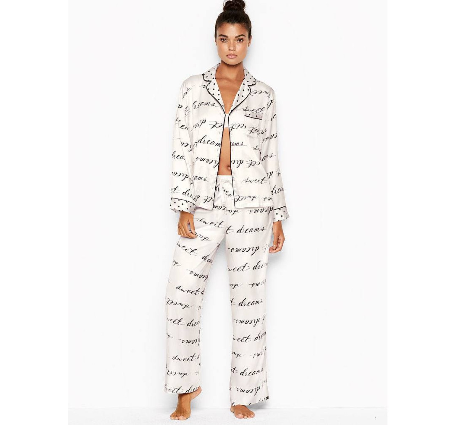 Сатиновая пижама Victoria’s Secret The Satin Long PJ Set White logo VS
