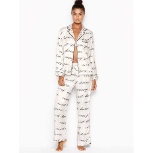 Сатиновая пижама Victoria’s Secret The Satin Long PJ Set White logo VS