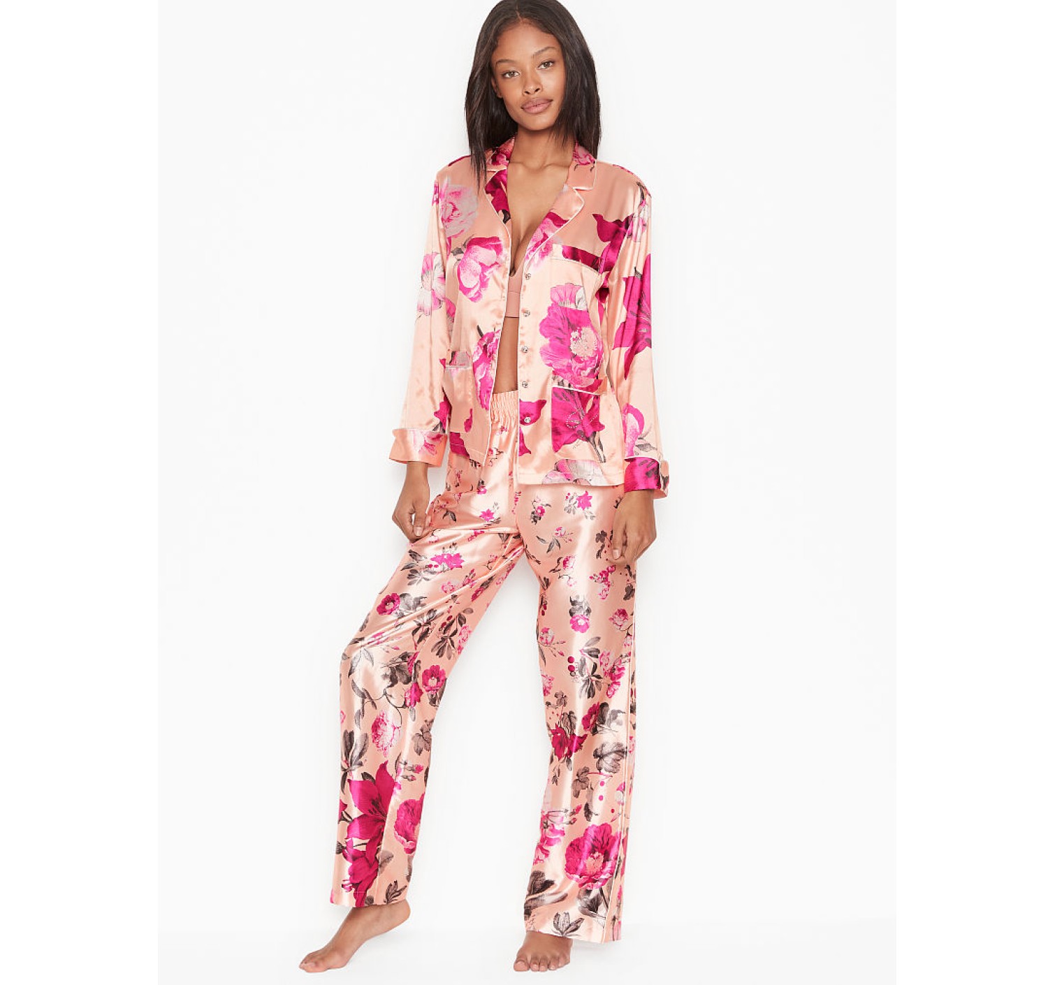 Пижама  сатиновая VS Printed Satin & Rhinestone Button Long PJ Set