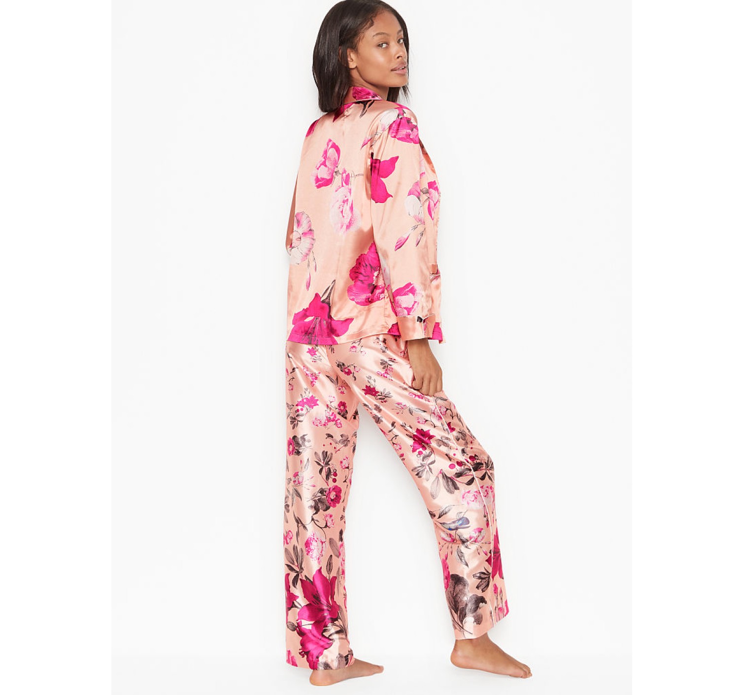 Пижама  сатиновая VS Printed Satin & Rhinestone Button Long PJ Set