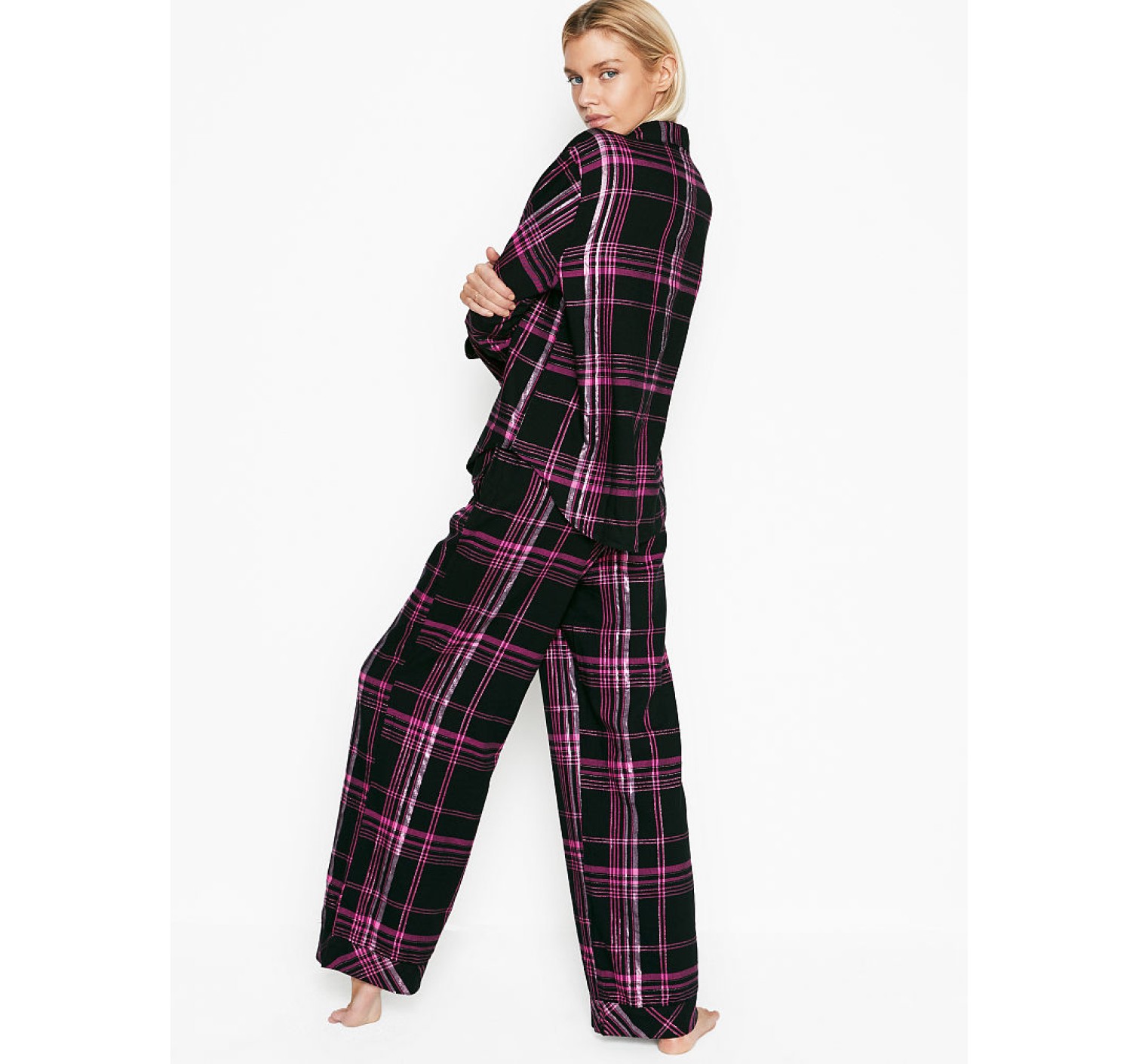 Пижама Victoria’s Secret Shimmer Flannel Long PJ Set Black/Hot Pink