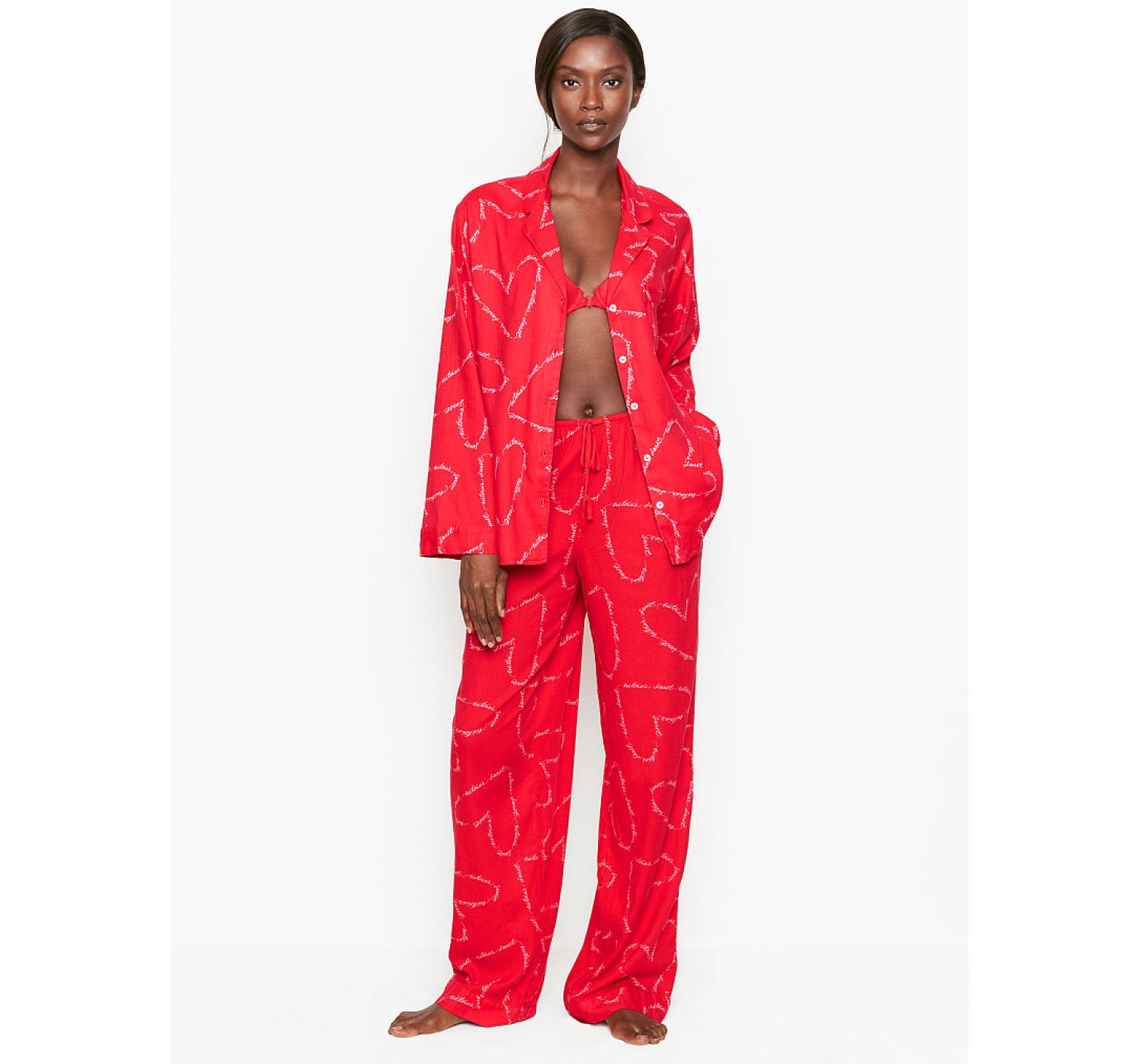 Піжама Victoria's Secret Shimmer Flannel Long PJ Set Print Red Heart VS