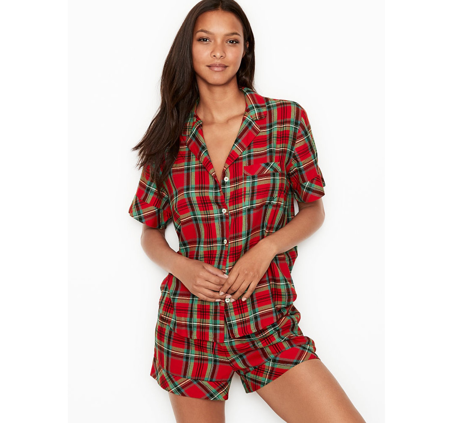 Пижама Victoria’s Secret Shimmer Flannel Short PJ Set Red/Green