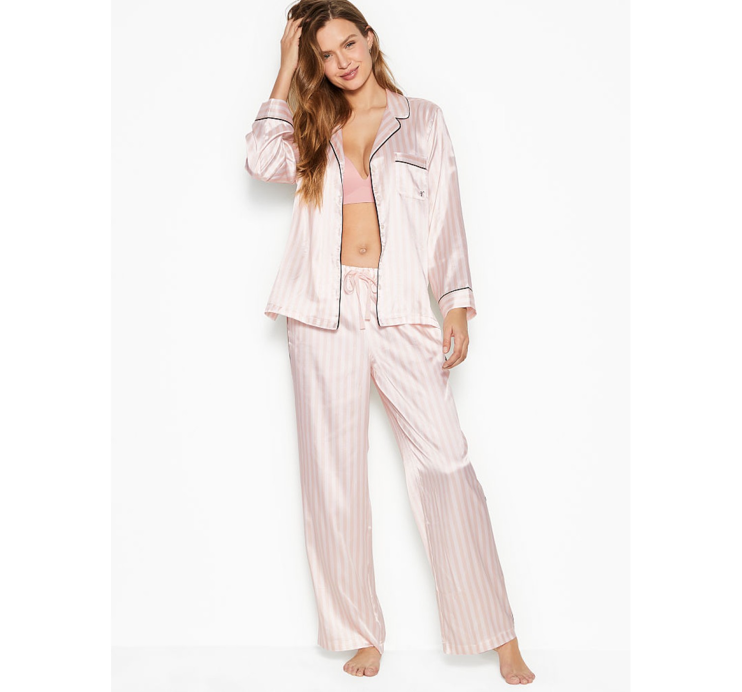 Пижама розовая в полоску VS The Satin Long PJ Set Light Pink Stripe