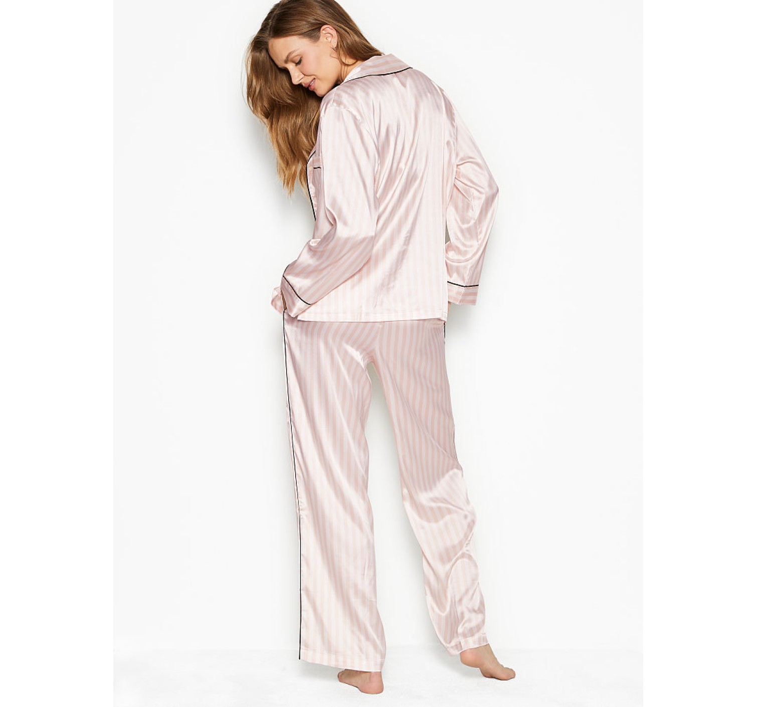 Пижама розовая в полоску VS The Satin Long PJ Set Light Pink Stripe