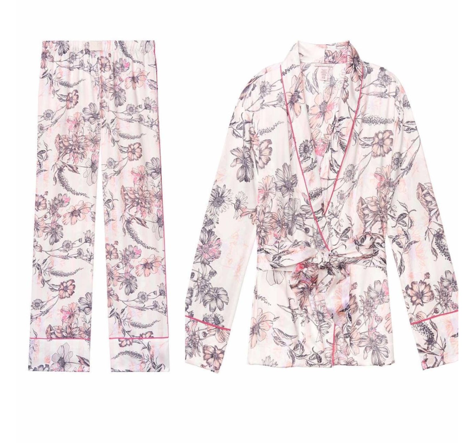 Сатиновая пижама Victoria’s Secret Satin Long PJ Set Pink Floral Stripes