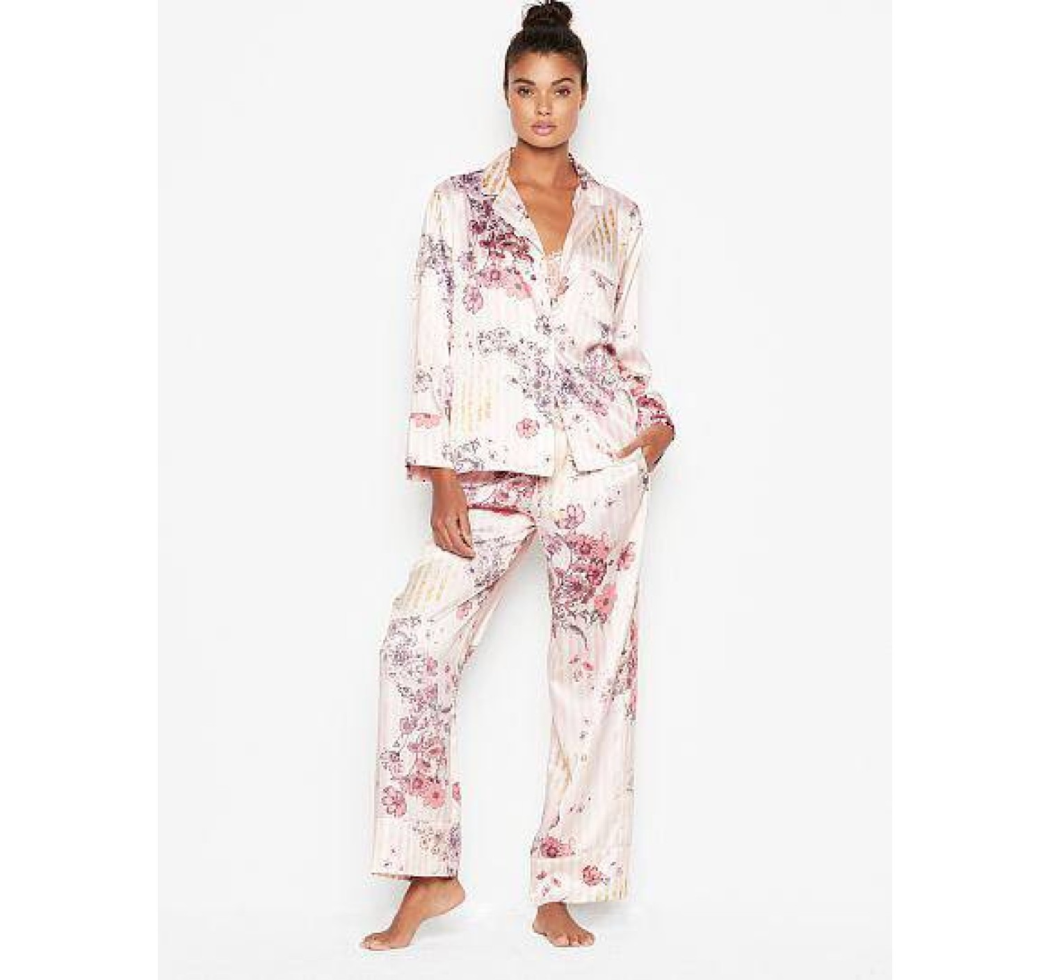 Сатиновая пижама Victoria’s Secret The Satin Long PJ Set Light Pink Floral Stripes