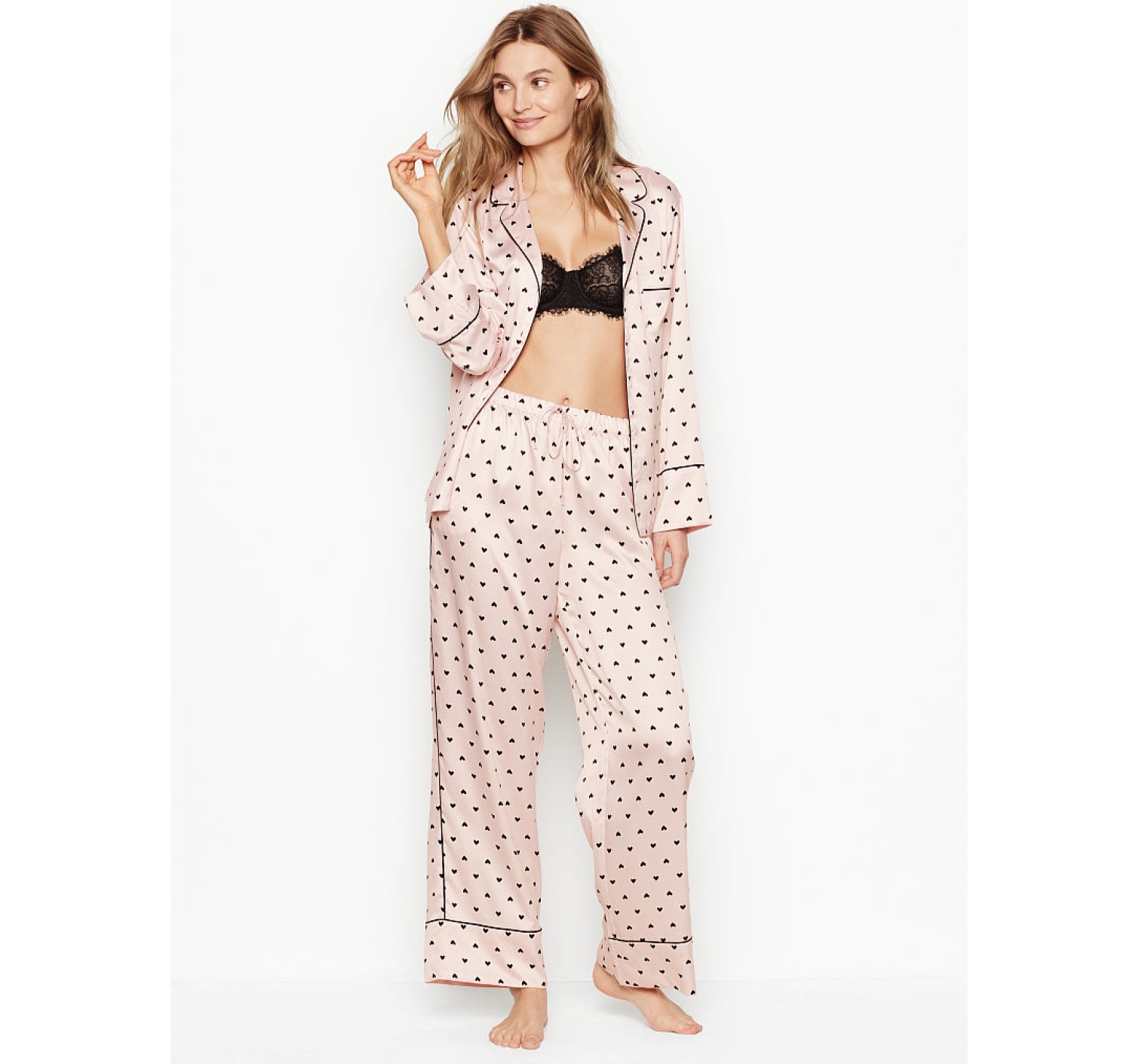 Пижама Victoria’s Secret Satin Long PJ Set Light Pink With Black Hearts