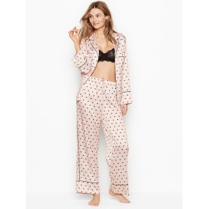 Пижама Victoria’s Secret Satin Long PJ Set Light Pink With Black Hearts