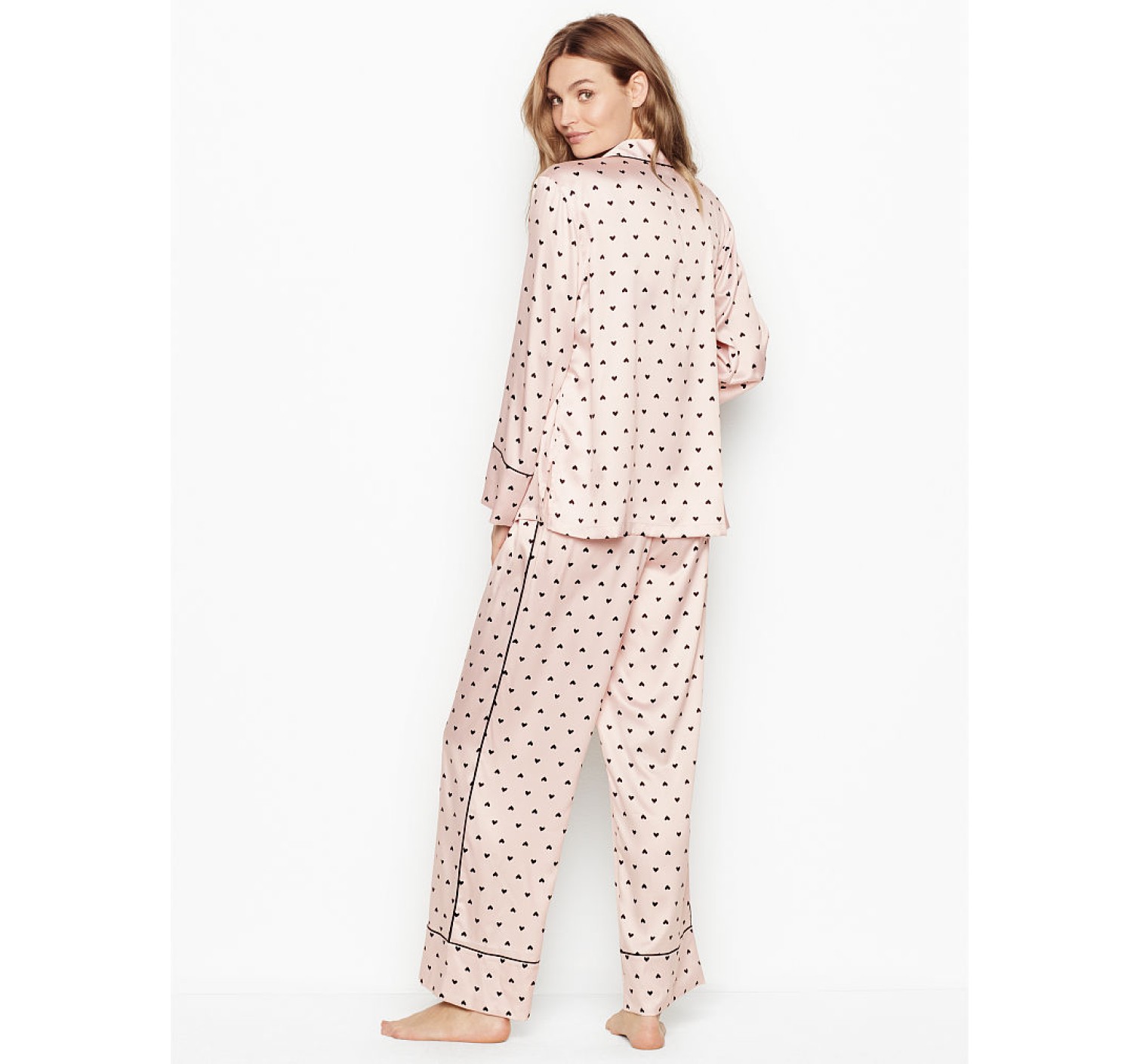 Пижама Victoria’s Secret Satin Long PJ Set Light Pink With Black Hearts