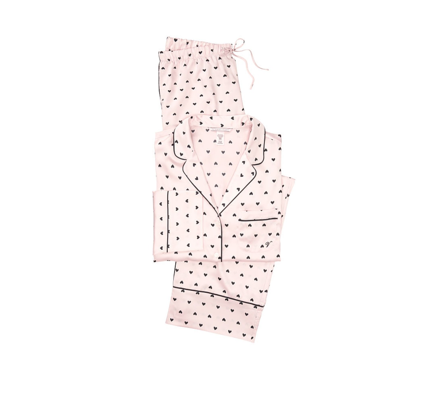 Пижама Victoria’s Secret Satin Long PJ Set Light Pink With Black Hearts