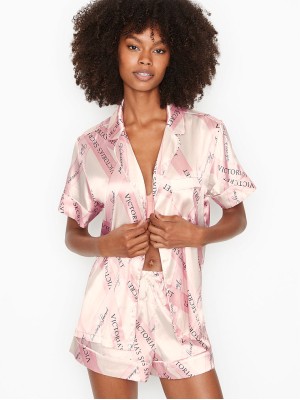 Пижама розовая в полоску Victoria’s Secret The Satin Short PJ Set White/Pink Large Ribbon