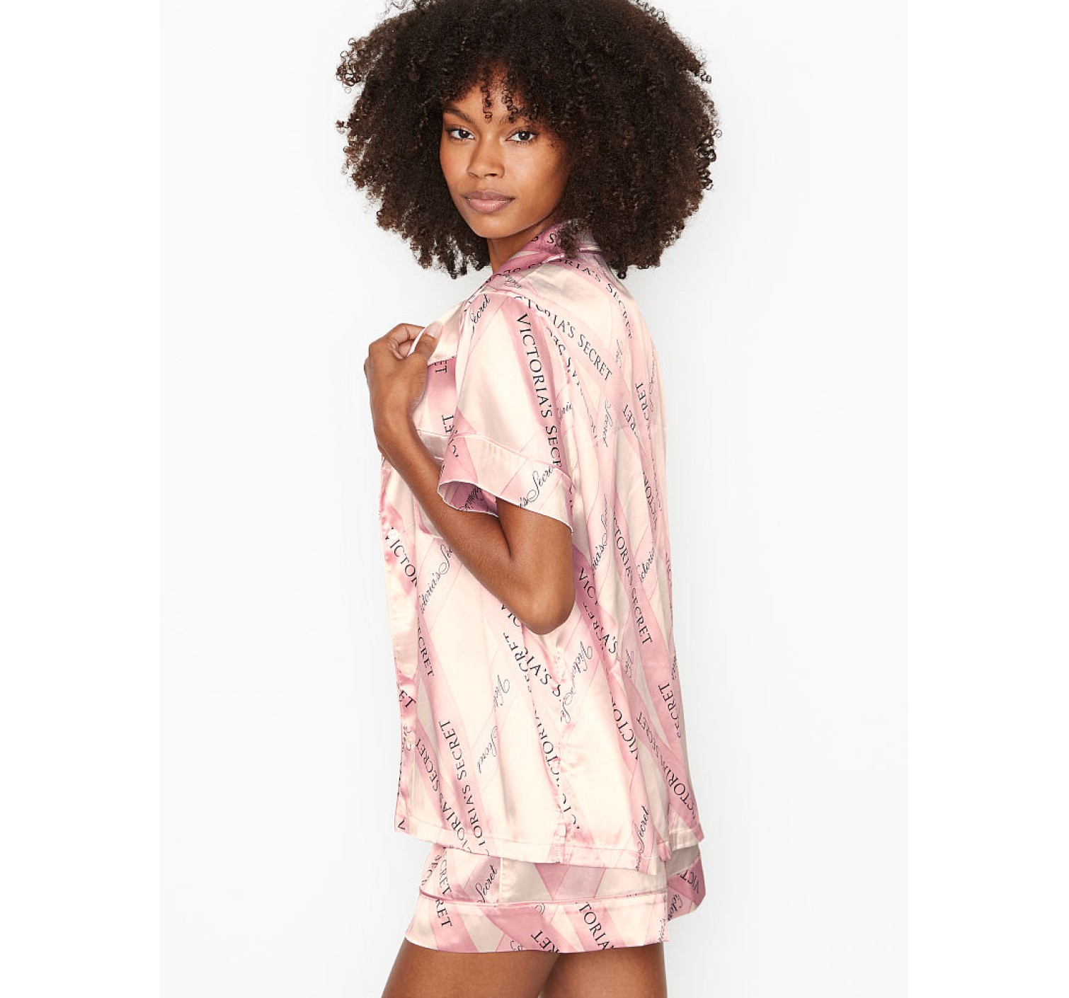 Пижама розовая в полоску Victoria’s Secret The Satin Short PJ Set White/Pink Large Ribbon