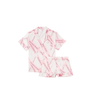 Пижама розовая в полоску Victoria’s Secret The Satin Short PJ Set White/Pink Large Ribbon