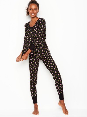Пижама Victoria’s Secret Thermal Long PJ Set Black Floral print