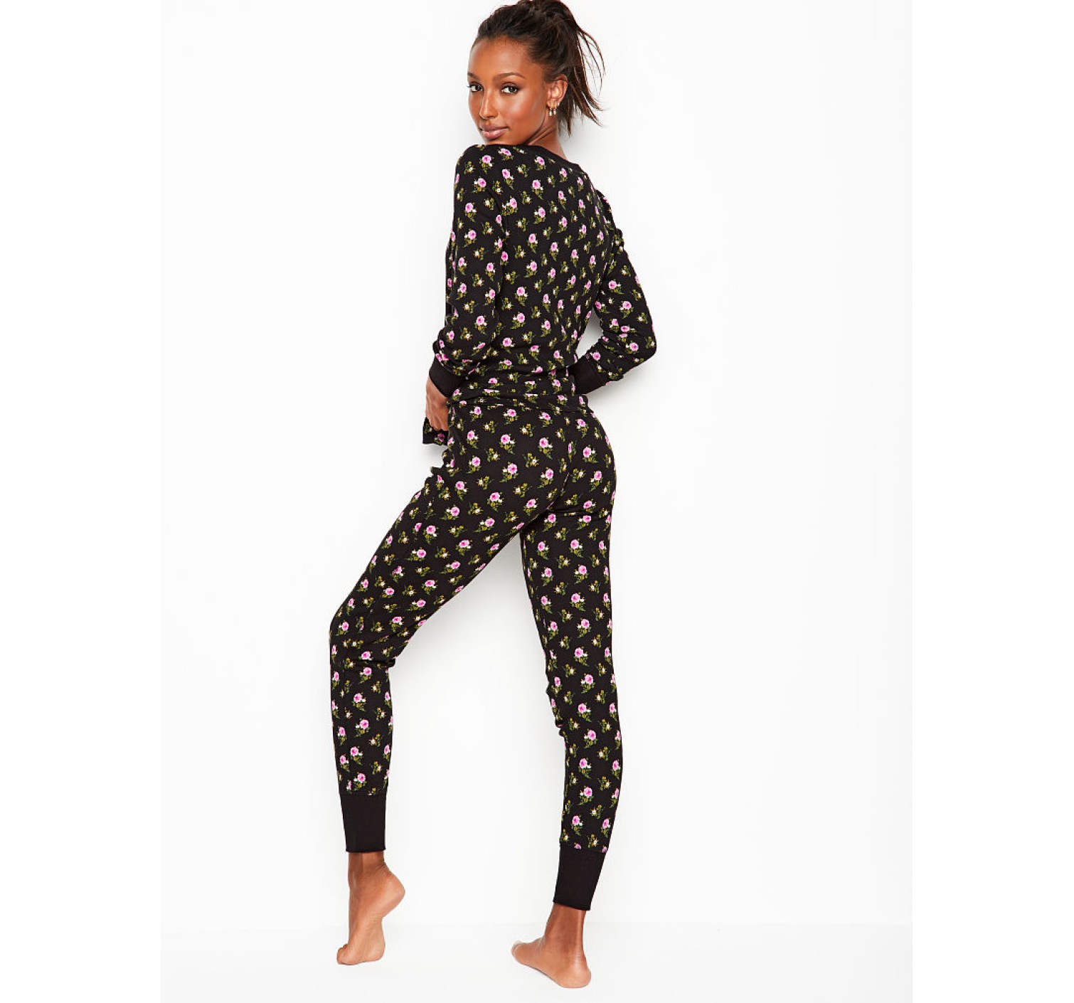 Пижама Victoria’s Secret Thermal Long PJ Set Black Floral print