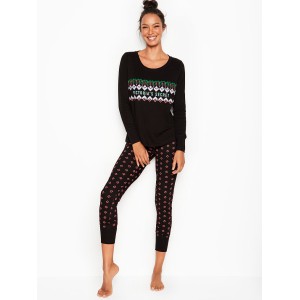 Пижама Victoria’s Secret Thermal Long PJ Set Red Black Graphic Hearts