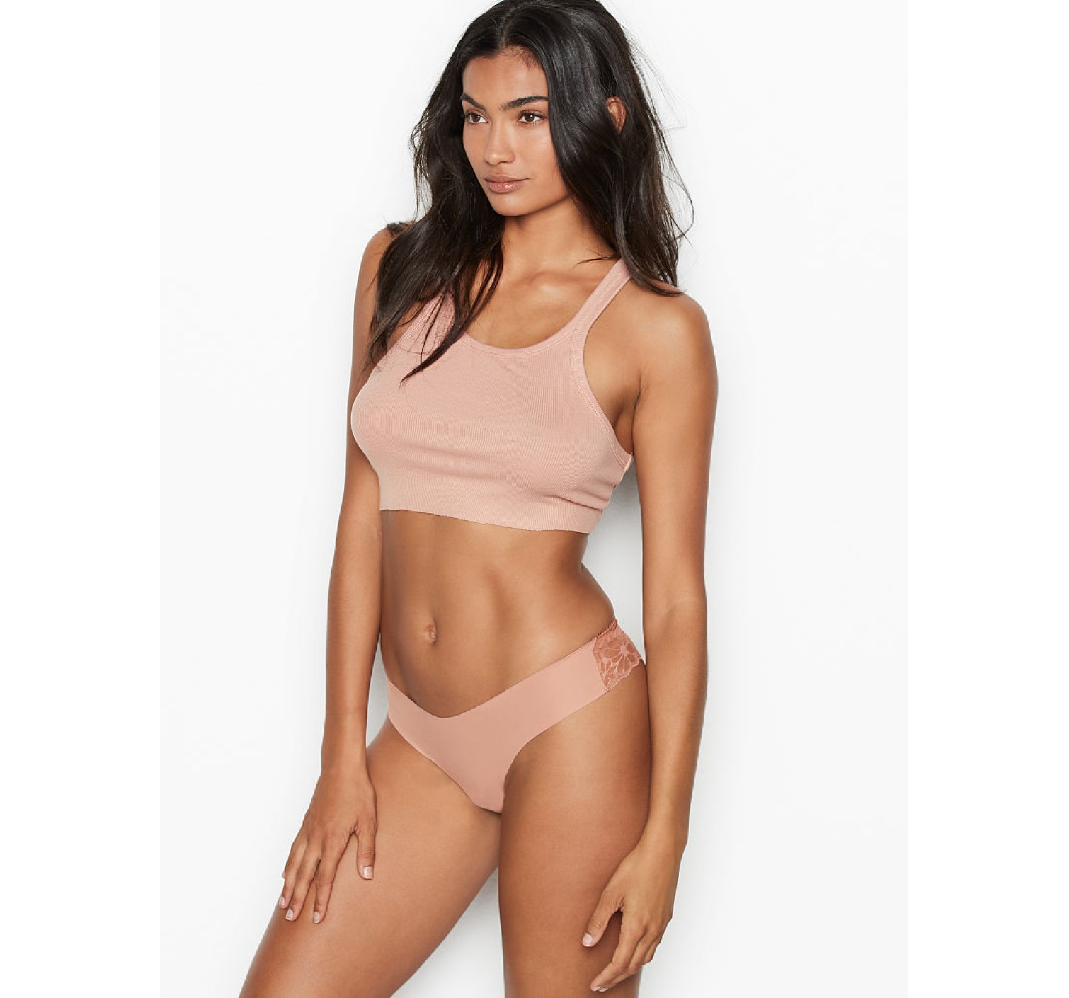 Трусики бесшовные Victoria’s Secret Floral Mesh Rose Clay Thong panty
