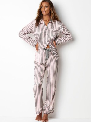 Піжама в смужку Victoria's Secret The Satin Long PJ Set pink&amp;grey Stripe
