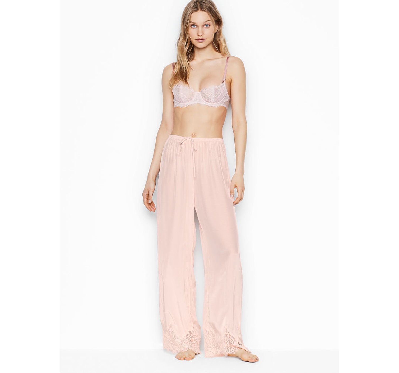 Піжама Victoria's Secret Satin Lace Long PJ Set Light pink