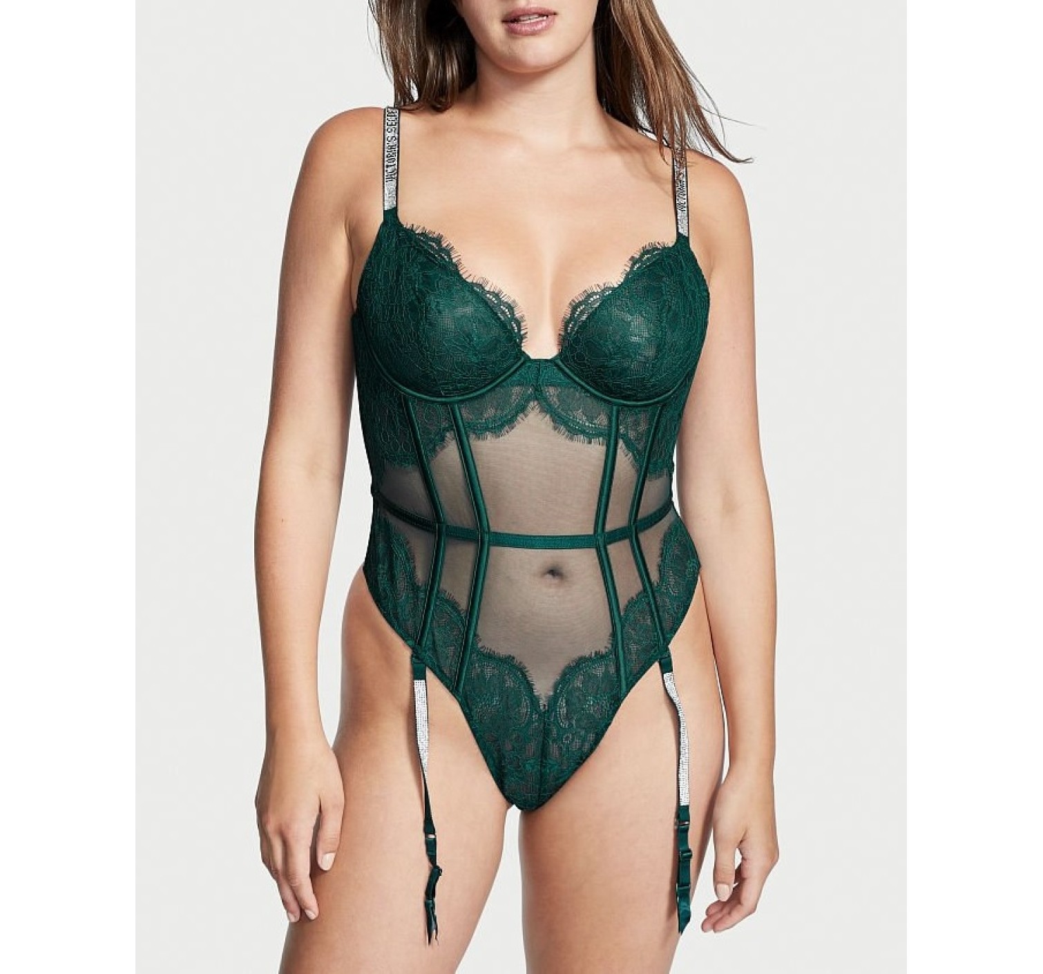 Боді Demi Teddy with Shine Straps & Garters Deep green