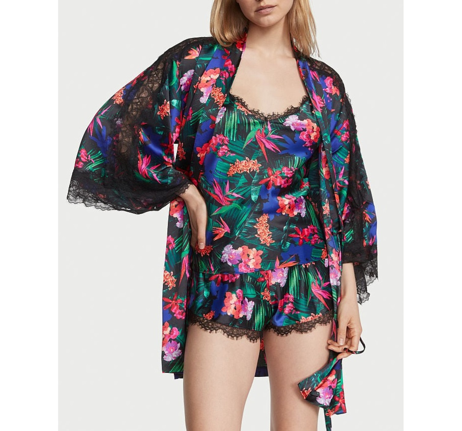 Халат Victoria’s Secret Satin Lace Kimono Tropic print