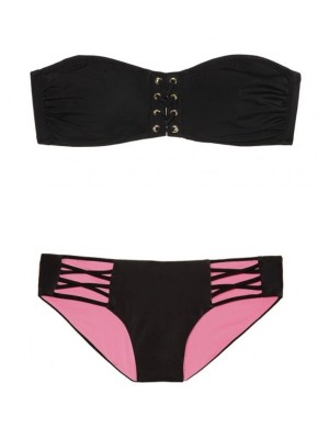 Купальник бандо Victoria's Secret PINK чорний із шнурівкою, плавки Bikini