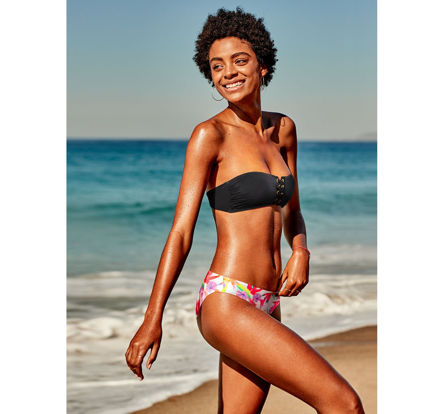 Купальник бандо Victoria’s Secret PINK черный с шнуровкой, плавки Bikini