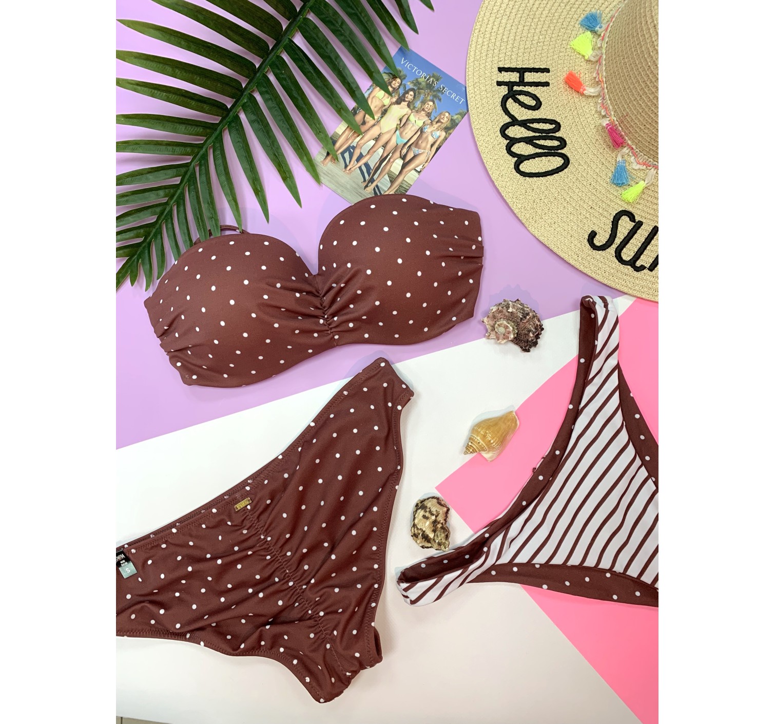 Купальник бандо Victoria's Secret Push-up шоколадного кольору, горошок