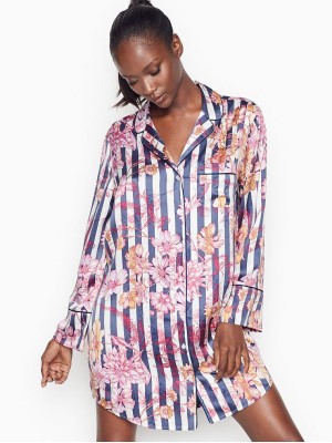 Нічна сорочка Victoria Secret Satin Slip Blue Stripes Floral print