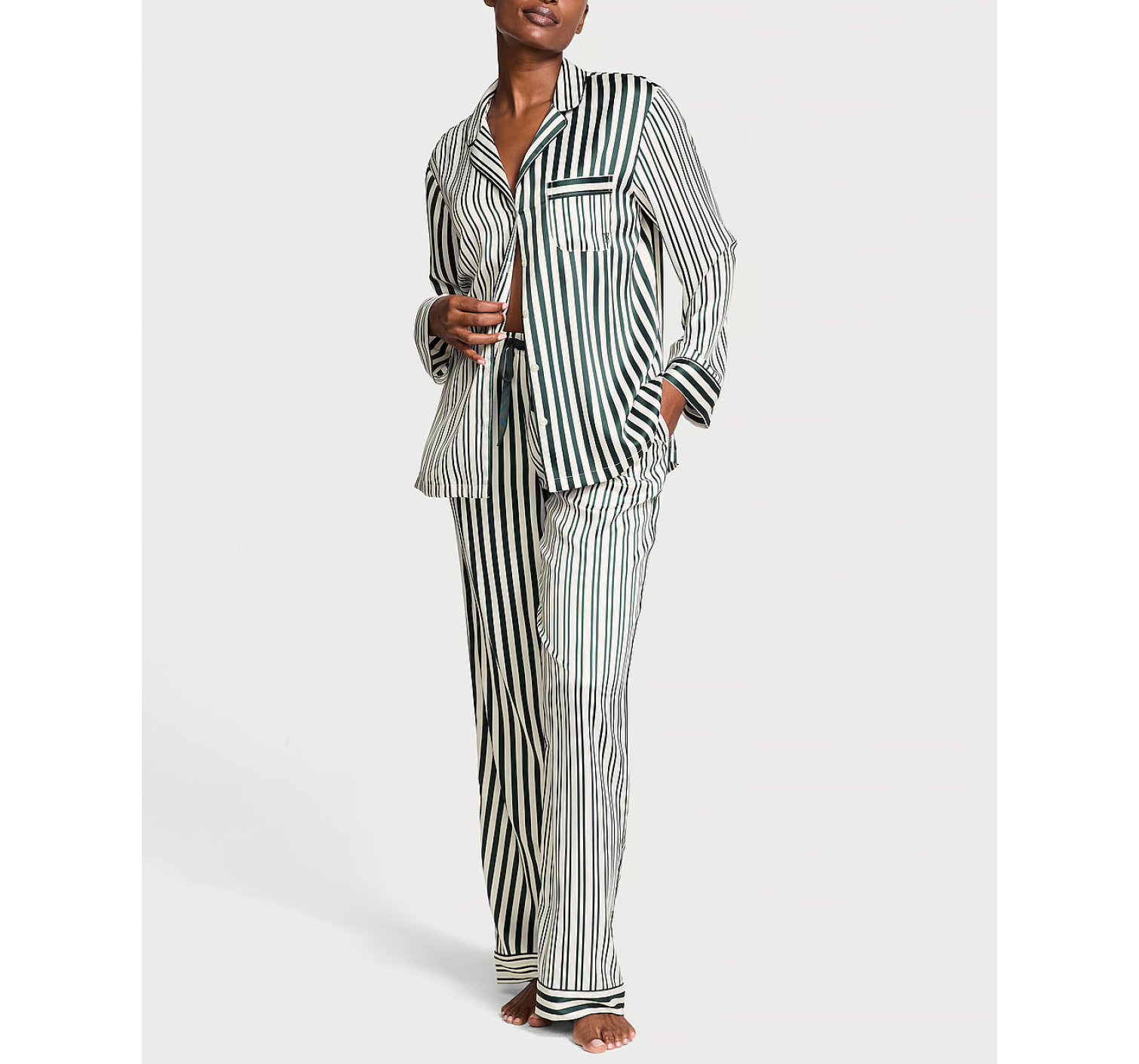 Пижама Glazed Satin Long Pajama Set Green Stripe