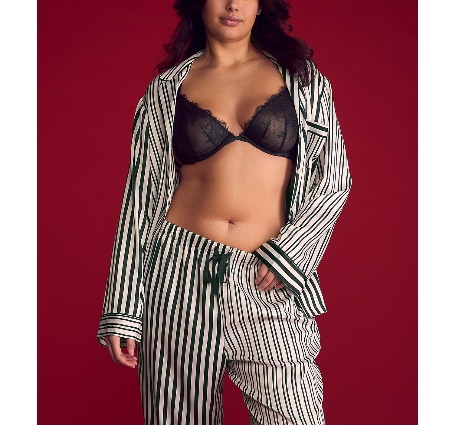 Пижама Glazed Satin Long Pajama Set Green Stripe
