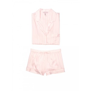 Пижама розовая в полоску Victoria’s Secret The Satin White/Pink Medium Stripe Short PJ Set