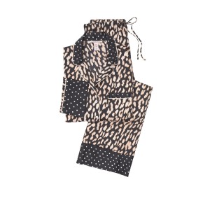 Сатиновая пижама Victoria’s Secret The Satin Long PJ Set Black/Nude Big Leopard Spots