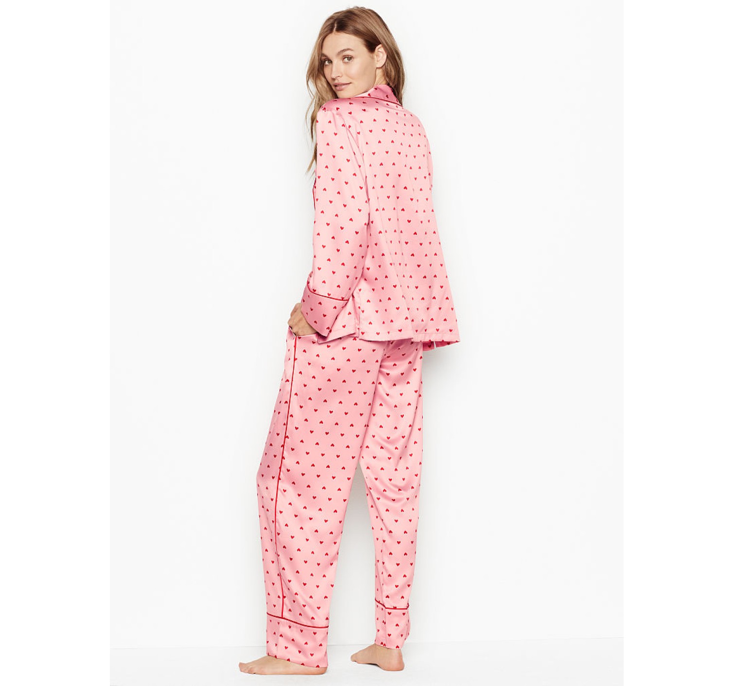 Пижама Victoria’s Secret Satin Long PJ Set Pink With Red Hearts