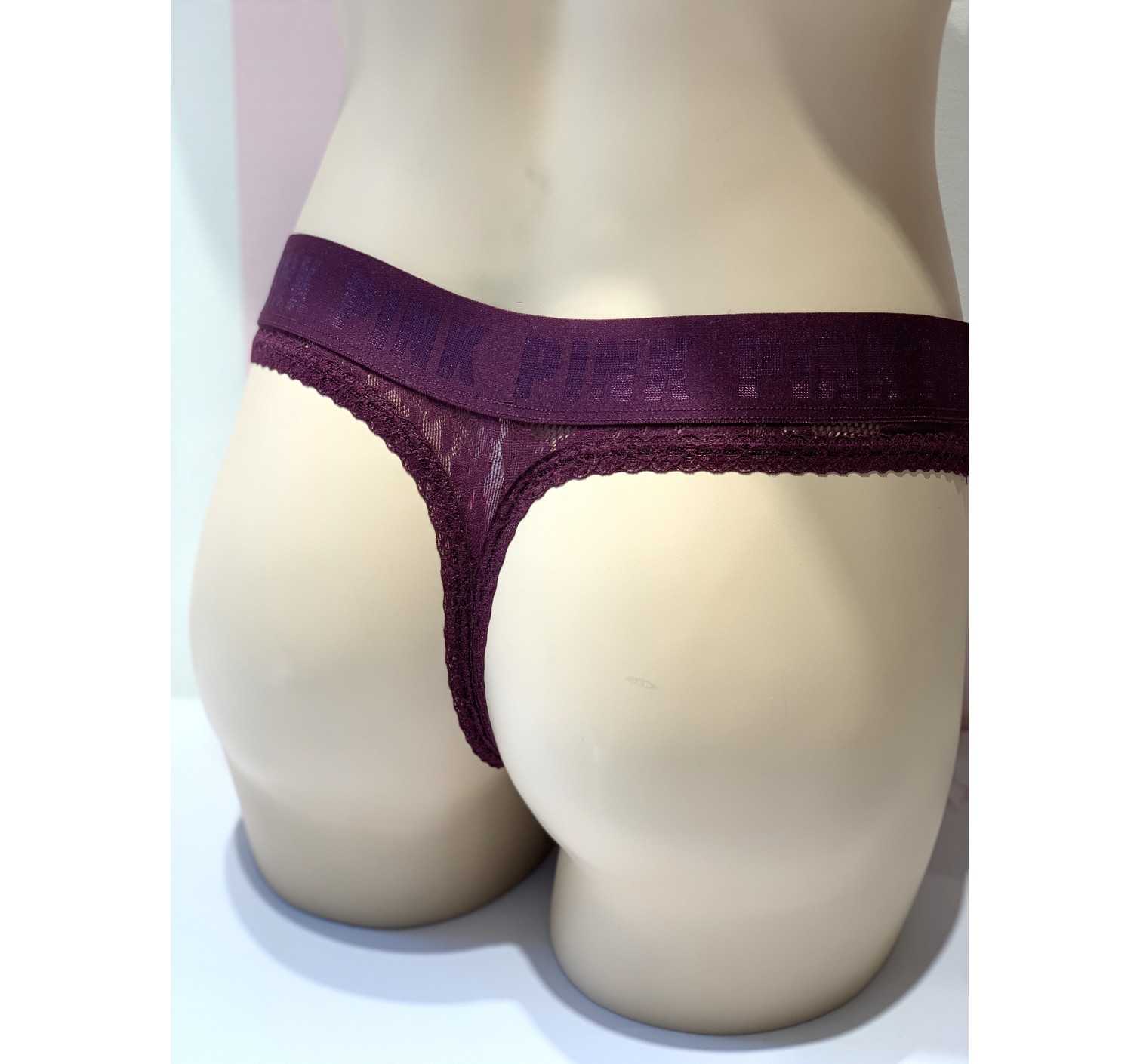 Трусики стринги Victoria’s Secret PINK Thong panty с бордовым кружевом
