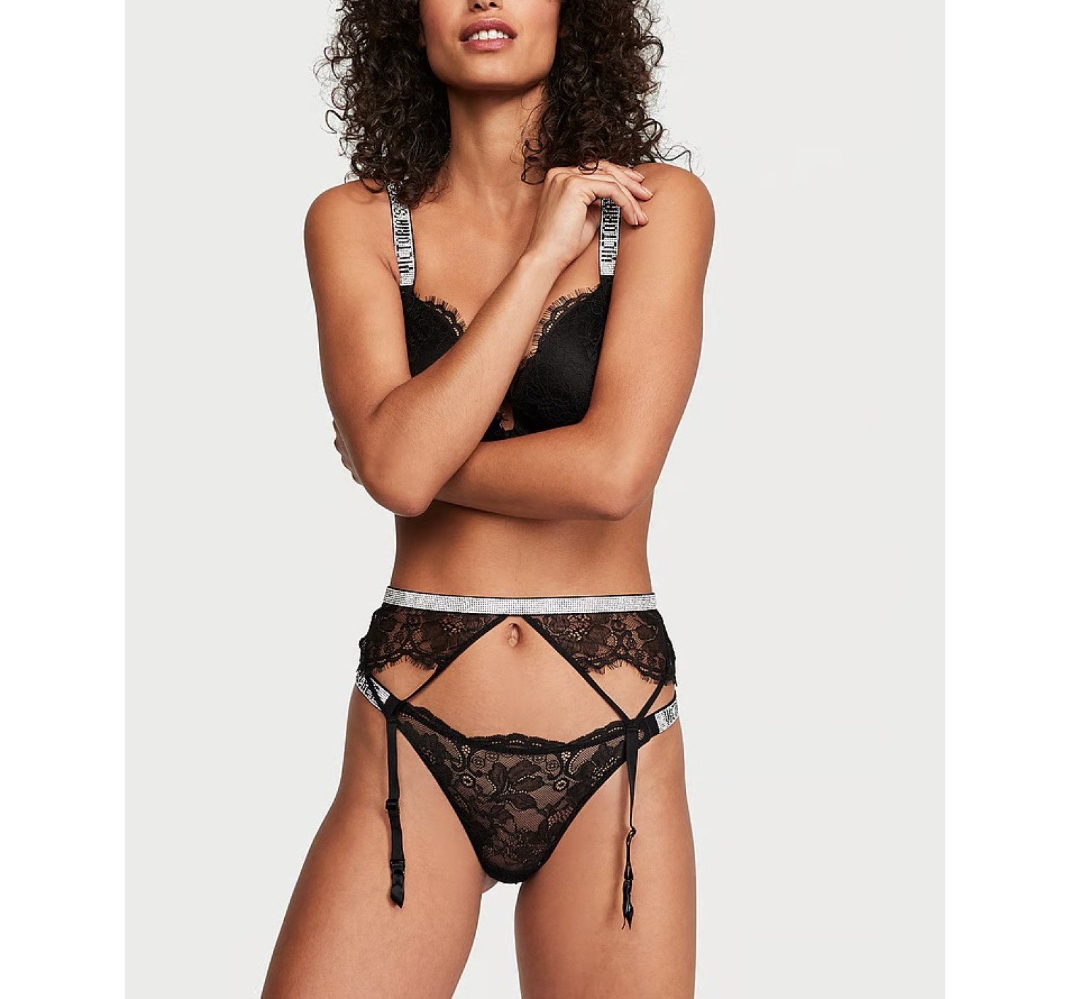 Пояс + трусики Shine Chain Strap Lace Garter Belt Black V-String Set