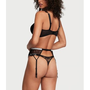 Пояс + трусики Shine Chain Strap Lace Garter Belt Black V-String Set