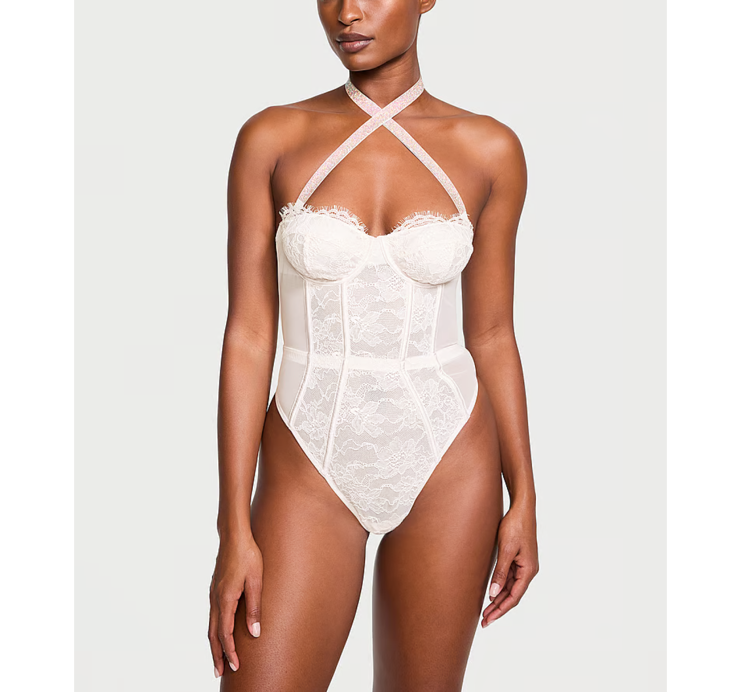 Боди Shine Strap Halter Lace Teddy Coconut White