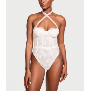 Боди Shine Strap Halter Lace Teddy Coconut White
