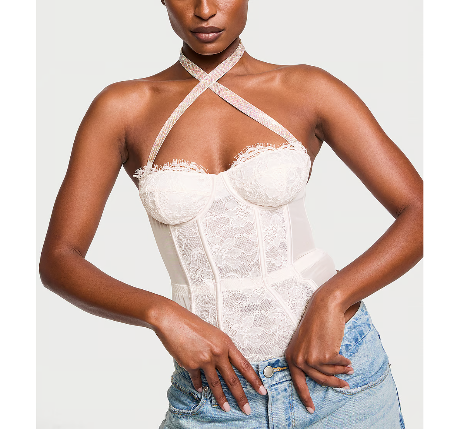 Боди Shine Strap Halter Lace Teddy Coconut White