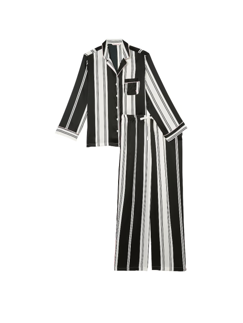 Піжама Satin Long Pajama Set Coconut White & Black Stripes