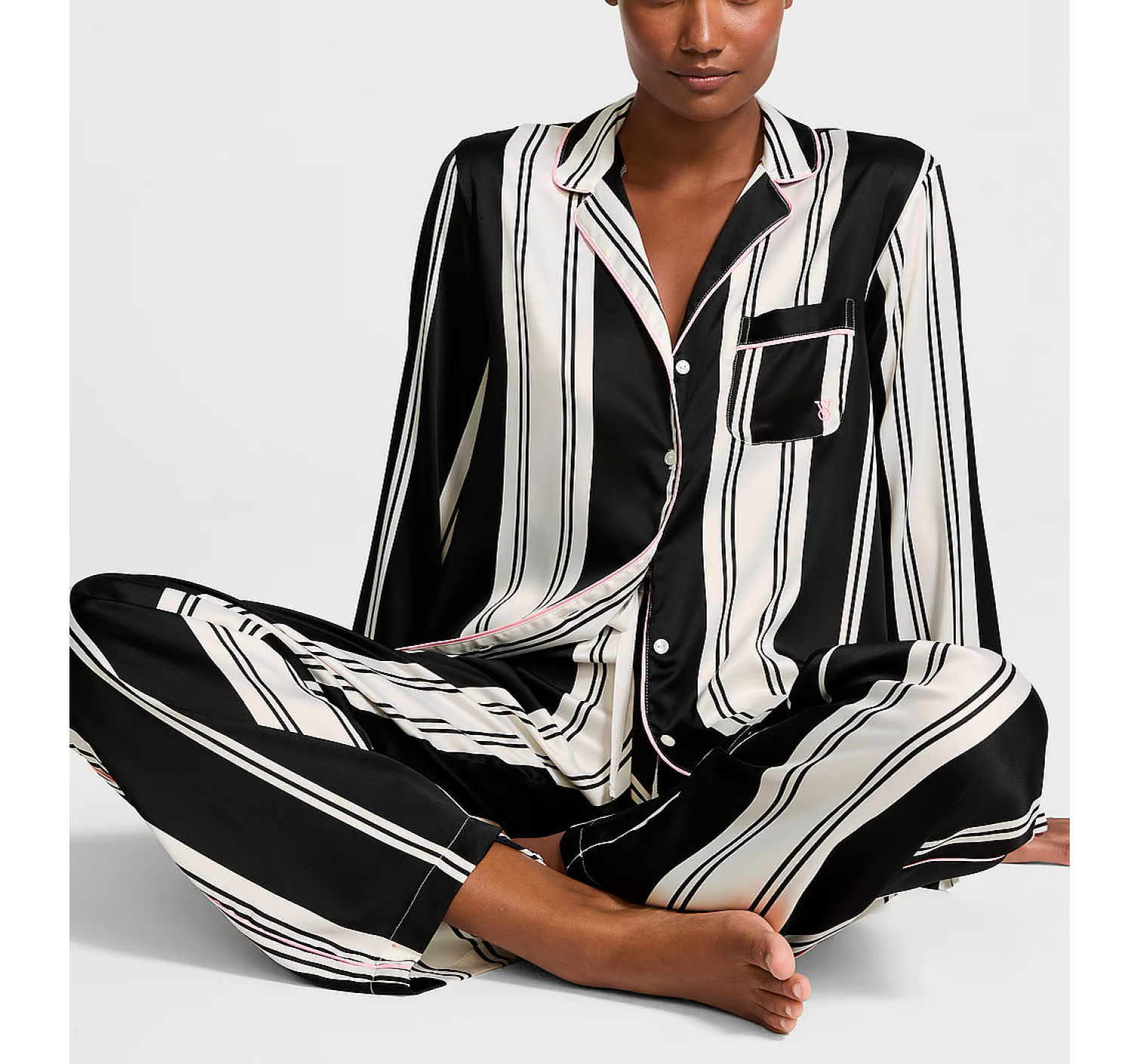 Пижама Satin Long Pajama Set Coconut White & Black Stripes