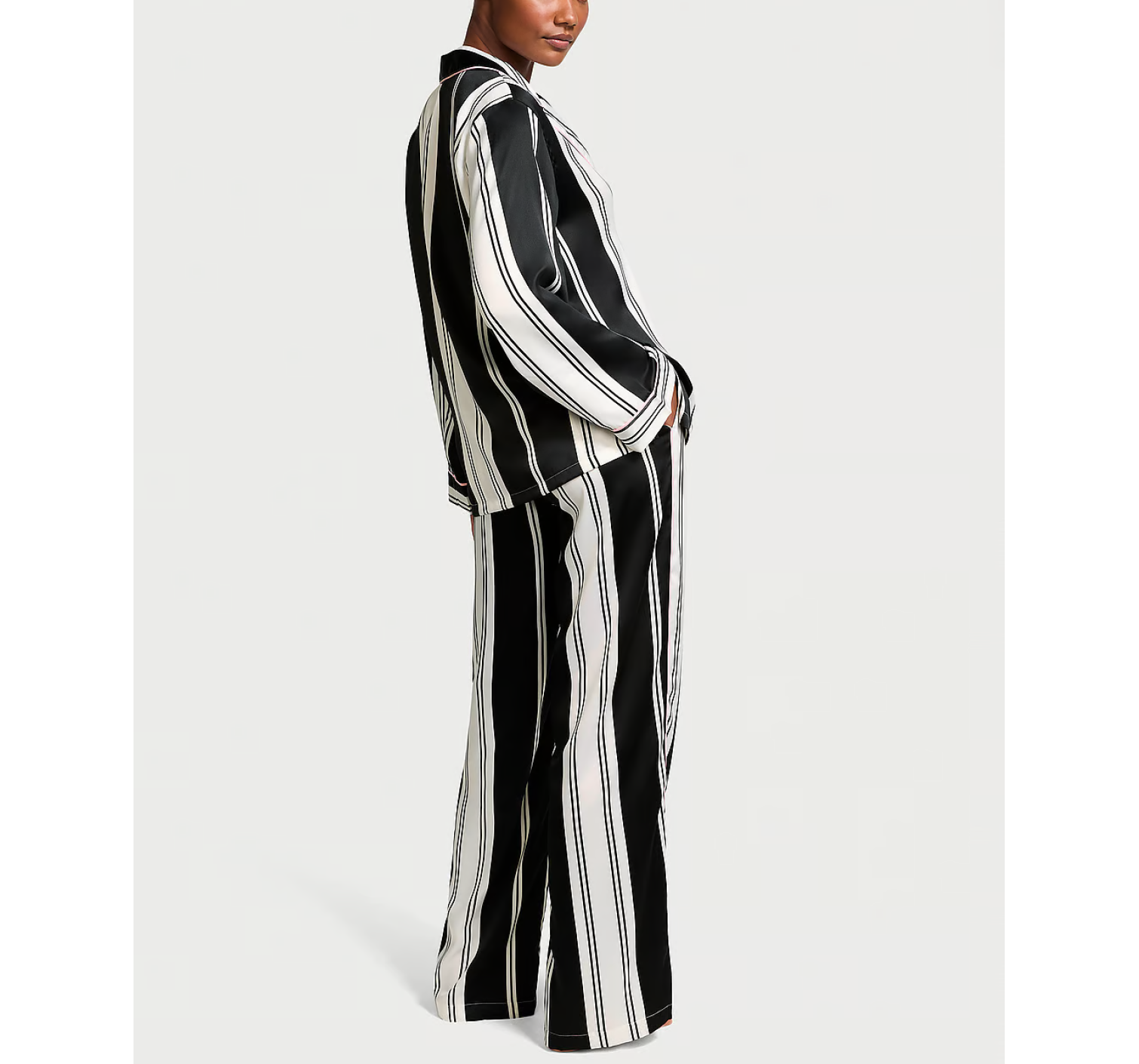 Пижама Satin Long Pajama Set Coconut White & Black Stripes