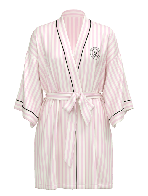 Сатиновый халат Satin Short Piped Robe Pink Iconic Strape