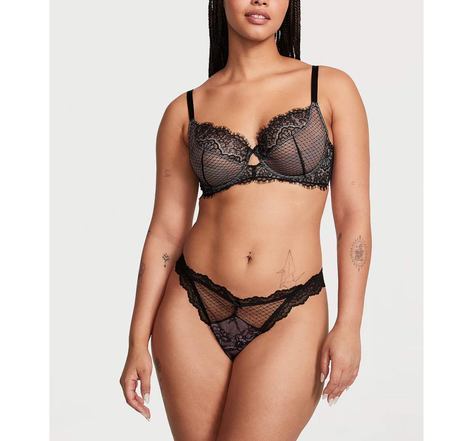 Трусики Lace & Mesh Thong Panty Black & Purest Pink