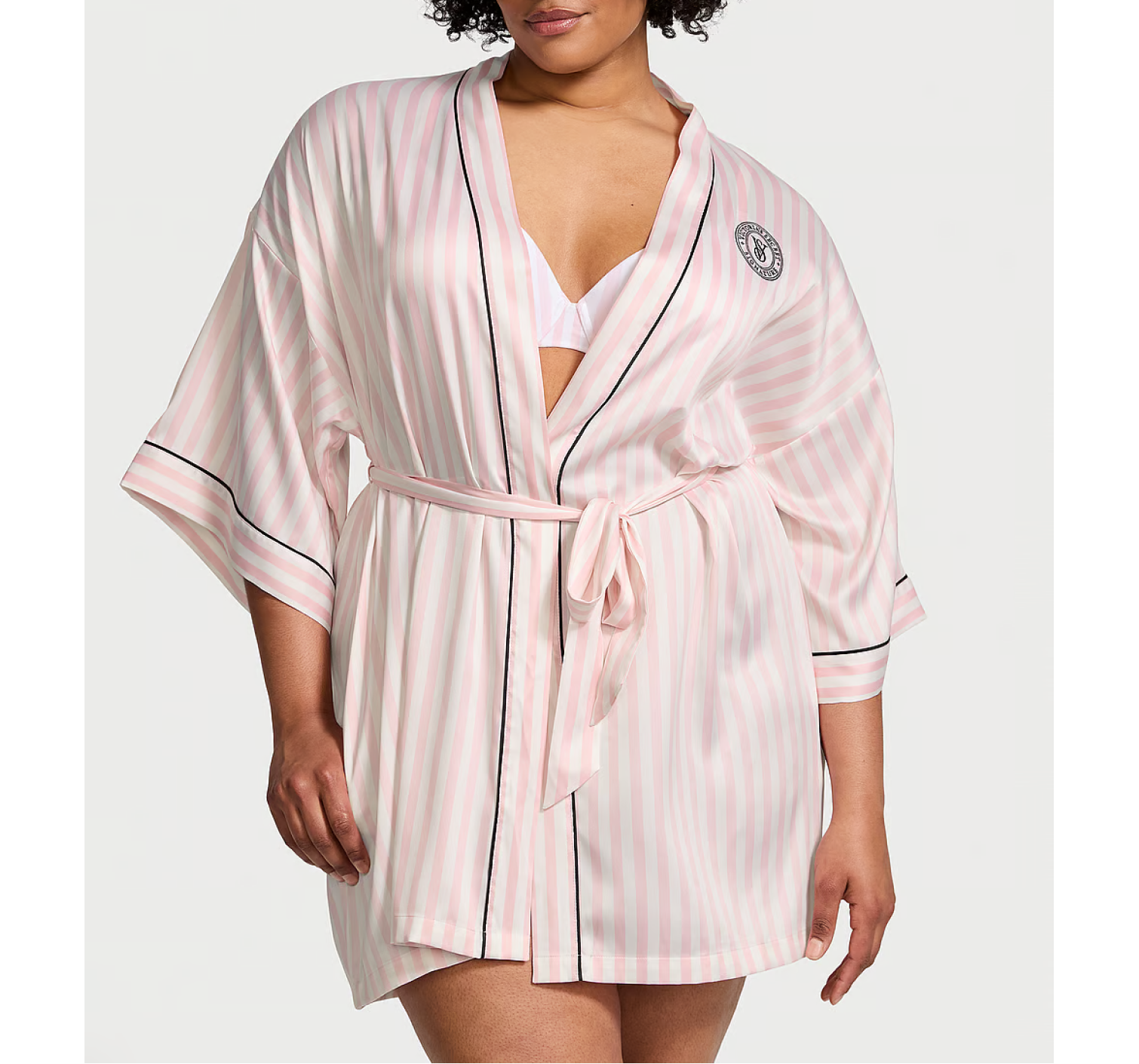 Сатиновий халат Satin Short Piped Robe Pink Iconic Strape