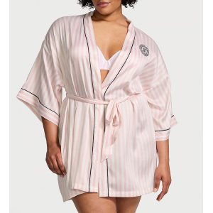 Сатиновий халат Satin Short Piped Robe Pink Iconic Strape