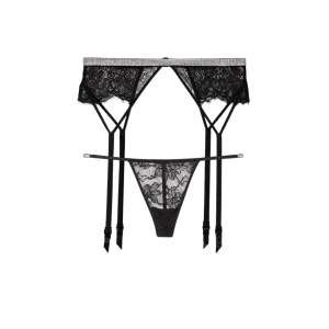 Пояс + трусики Shine Chain Strap Lace Garter Belt Black V-String Set