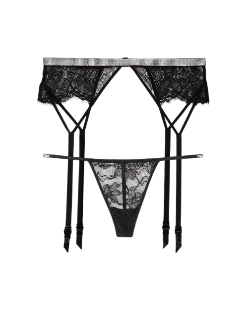 Пояс + трусики Shine Chain Strap Lace Garter Belt Black V-String Set